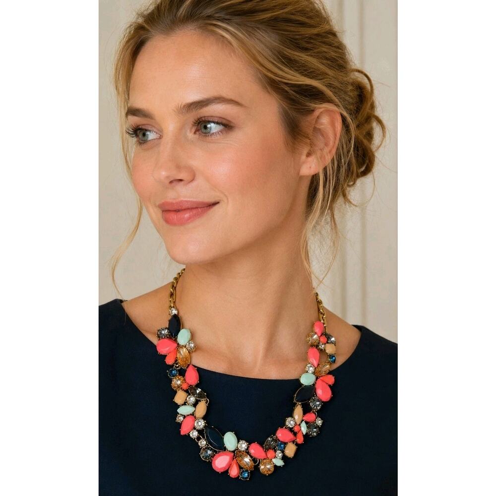 J Crew Crystal Foliage Statement Necklace Coral Pink Mint Navy Rhinestone Collar